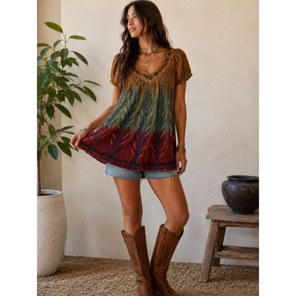 Greater Good Women Boho Crinkle Rayon Tunic Top Earth Tone Embroidered Beaded OS
